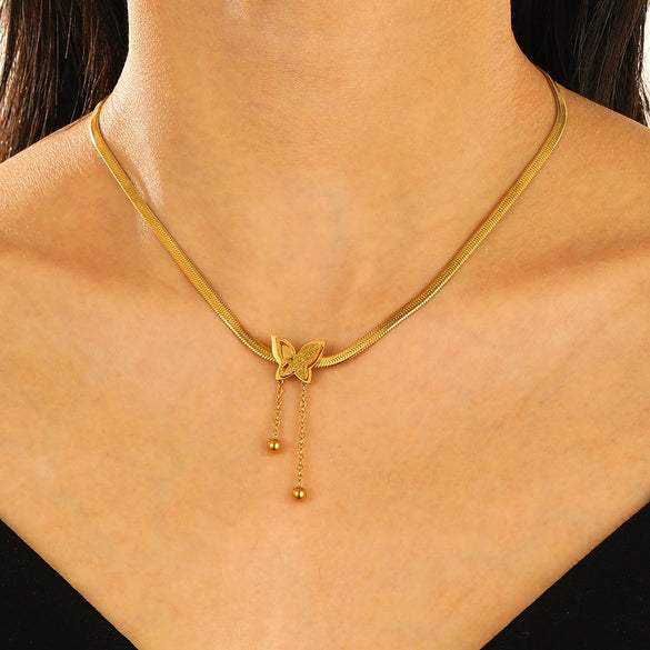 Wholesale Stainless Steel Gold Plated Frosted Animal Zodiac Butterfly Pendant Snake Bone Chain Necklace For Women