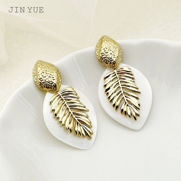 Wholesale Stainless Steel Gold Plated Geometric Fish Bone Leaf Earrings