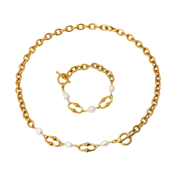 Wholesale Stainless Steel Gold Plated Necklace And Bracelet With Natural Freshwater Pearl Stitching And O Buckle Simple Geometric Style
