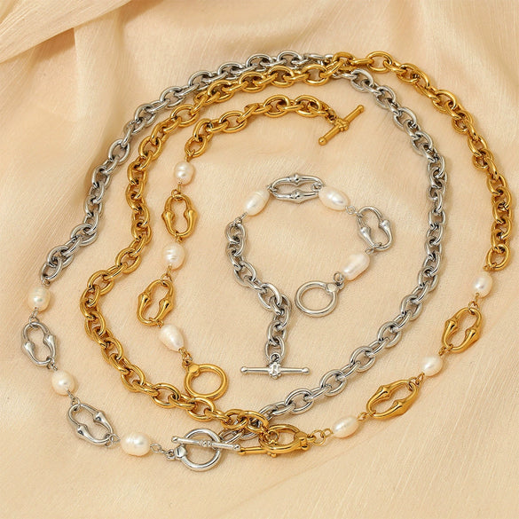 Wholesale Stainless Steel Gold Plated Necklace And Bracelet With Natural Freshwater Pearl Stitching And O Buckle Simple Geometric Style