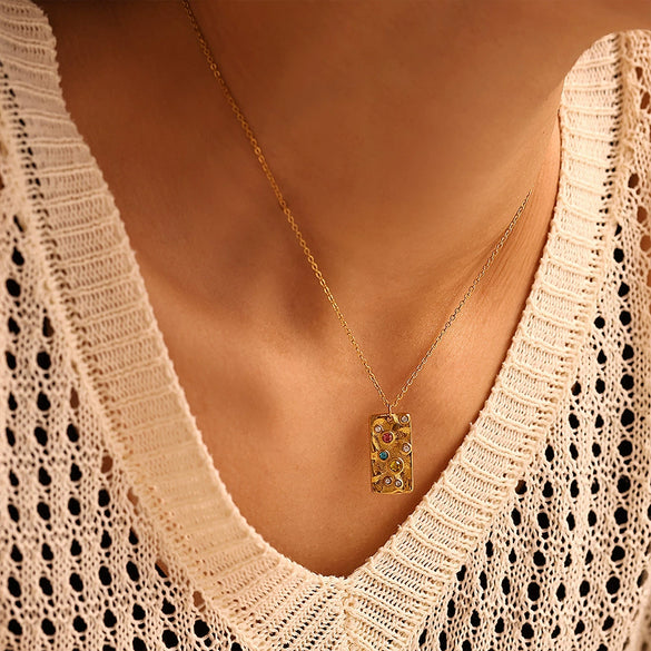 Wholesale 316L Stainless Steel Gold Plated Zircon Pendant Double Layer Necklace Women's Light Luxury Geometric Design Jewelry