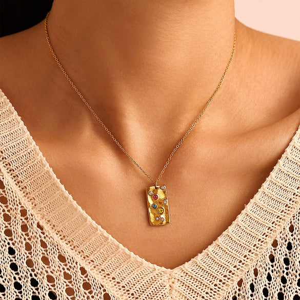 Wholesale 316L Stainless Steel Gold Plated Zircon Pendant Double Layer Necklace Women's Light Luxury Geometric Design Jewelry