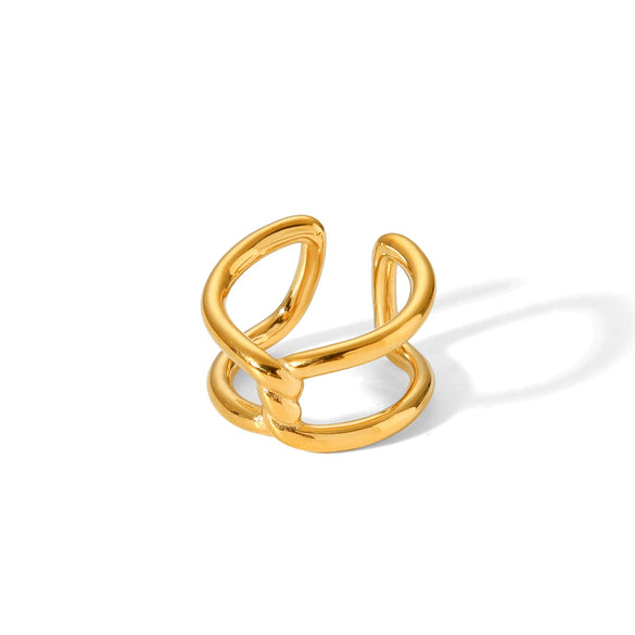 Wholesale Stainless Steel Goldplated Geometric Hollow Open Ring For Women With Knot And Cross Design