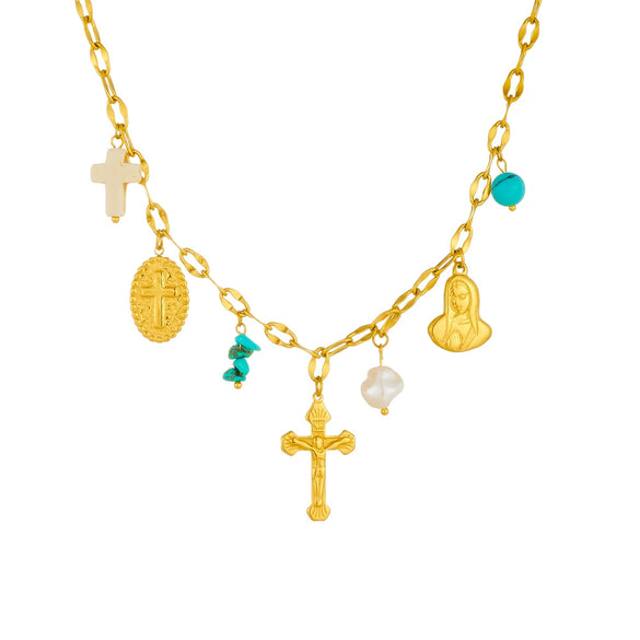 Wholesale Stainless Steel Goldplated Multielement Pendant Women's Personality Chain Necklace