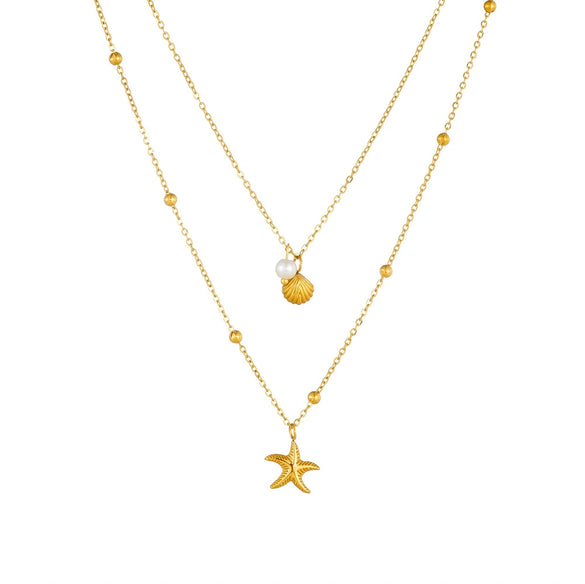 Wholesale Stainless Steel Goldplated Starfish Scallop Pearl Fashionable Necklace With Doublelayer Chain And Electroplating Design