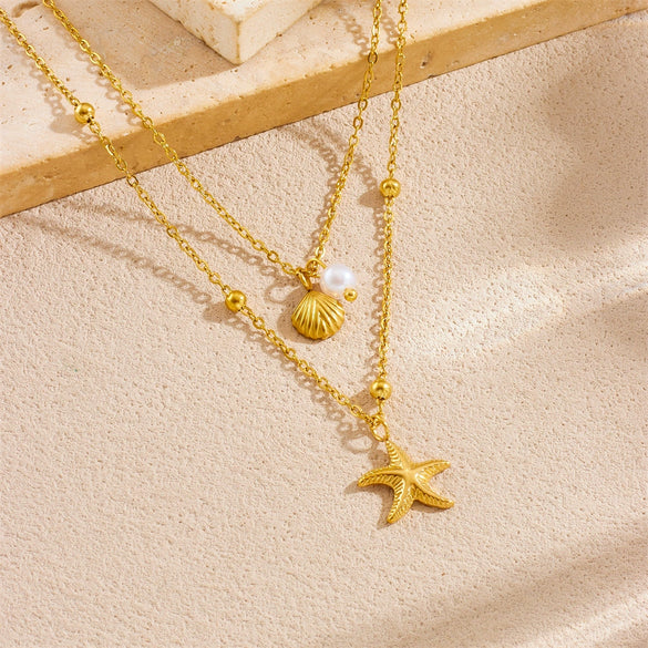 Wholesale Stainless Steel Goldplated Starfish Scallop Pearl Fashionable Necklace With Doublelayer Chain And Electroplating Design