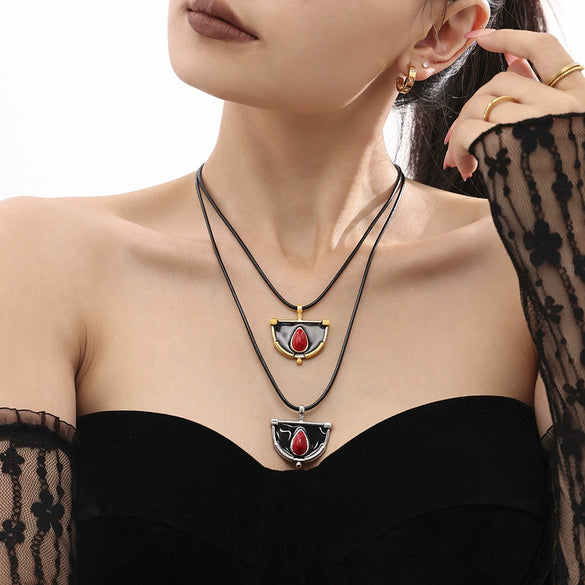 Wholesale Stainless Steel Handwoven Rope Geometric Weight Glaze Pendant Long Necklace For Women