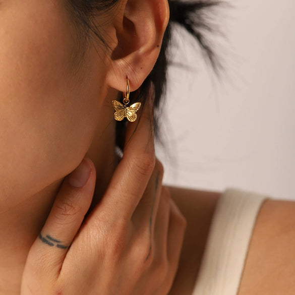 Wholesale Stainless Steel Hanging Butterfly Earrings Jewelry For Women 18K Goldplated Geometric Style