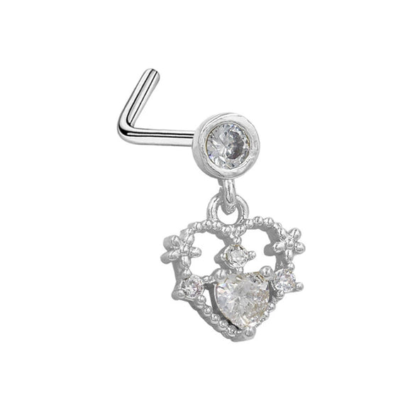 Wholesale Stainless Steel Heart Puncture Nose Ring With Diamond Design