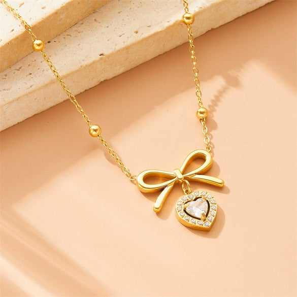Wholesale Stainless Steel Heart Shape And Bow Tie Pendant Necklace For Women With Electroplating Jewelry
