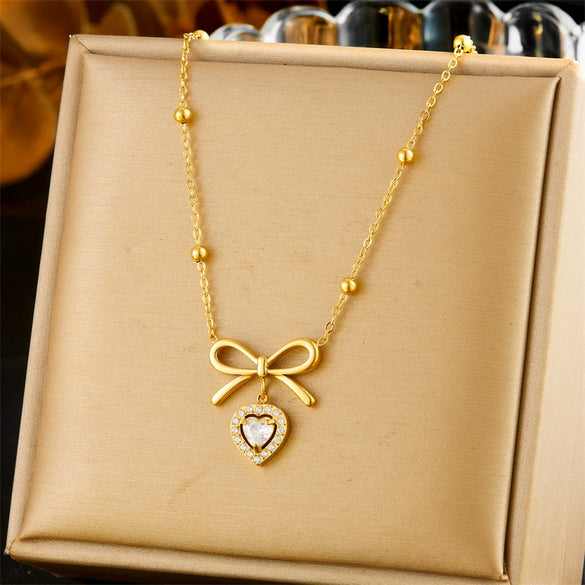 Wholesale Stainless Steel Heart Shape And Bow Tie Pendant Necklace For Women With Electroplating Jewelry