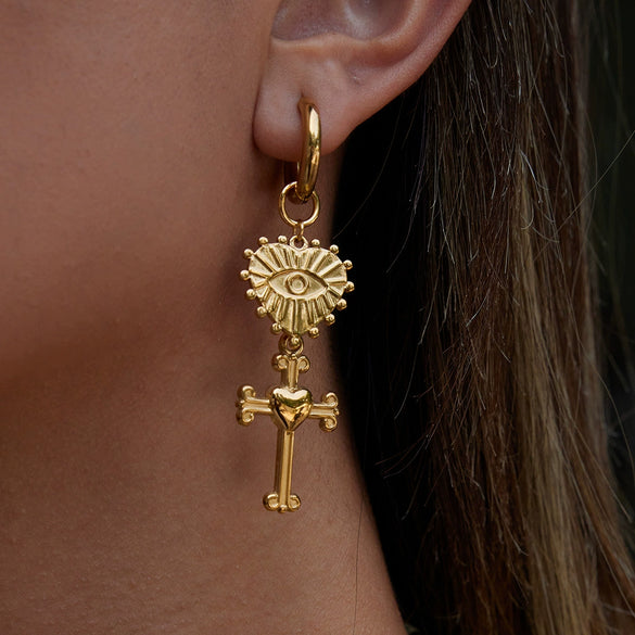 Wholesale Stainless Steel Heart Shape Devil's Eye Cross Pendant Earrings With Electroplating Design