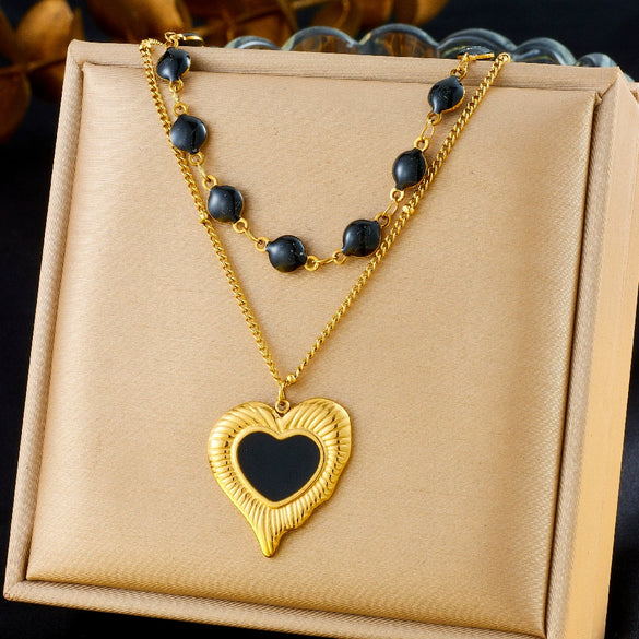 Wholesale Stainless Steel Heart Shape Electroplated Doublelayer Necklace For Women With Oil Dropping And Sun And Moon Painted Patterns