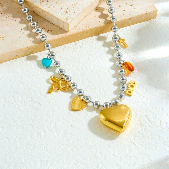 Wholesale Stainless Steel Heart Shape Love Bow Pendant Necklace For Women With Electroplating