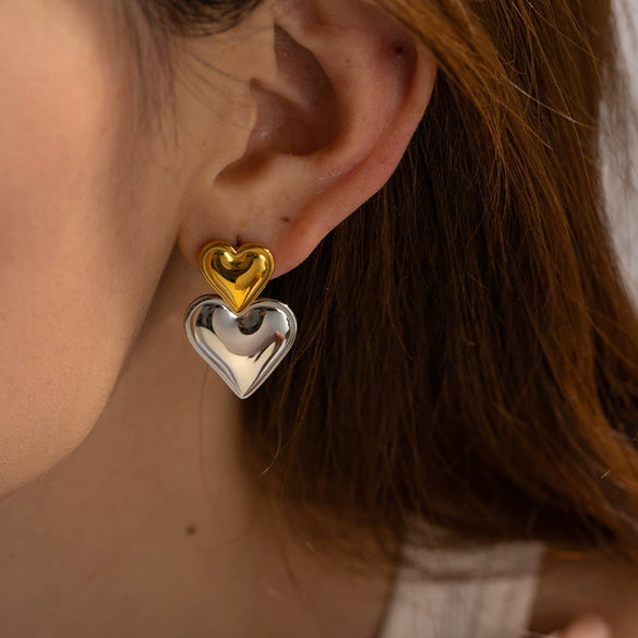 Wholesale Stainless Steel Heart Shape Vacuum Plated Women's Love Earrings Gold And Silver Double Color