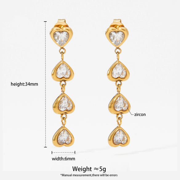 Wholesale 316 Stainless Steel Heart Shaped Zircon Long Pendant Earrings For Women Electroplated Light Luxury Style