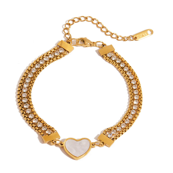 Wholesale Stainless Steel Heart Shellshaped Geometric Threelayer Chain Bracelet With White Zircon Electroplating For Women