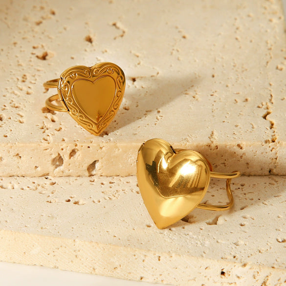 Wholesale Stainless Steel Heartshaped Open Ring With Geometric Pattern And Electroplating For Women