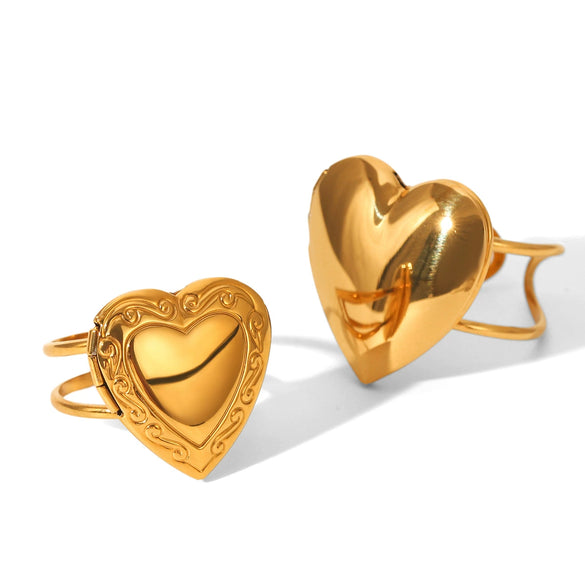 Wholesale Stainless Steel Heartshaped Open Ring With Geometric Pattern And Electroplating For Women
