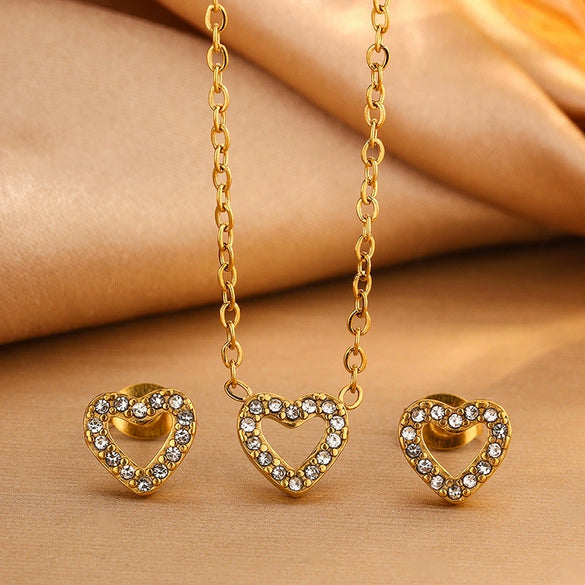 Wholesale Stainless Steel Heartshaped Plants And Flowers Pattern Electroplated Love Zircon Earrings And Necklace Set For Women