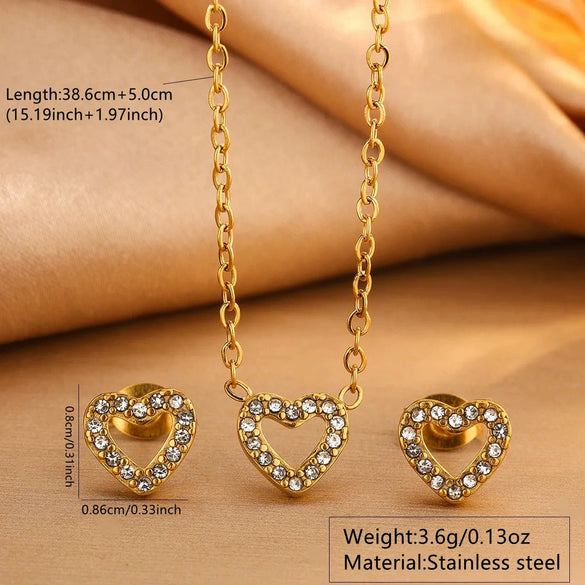 Wholesale Stainless Steel Heartshaped Plants And Flowers Pattern Electroplated Love Zircon Earrings And Necklace Set For Women