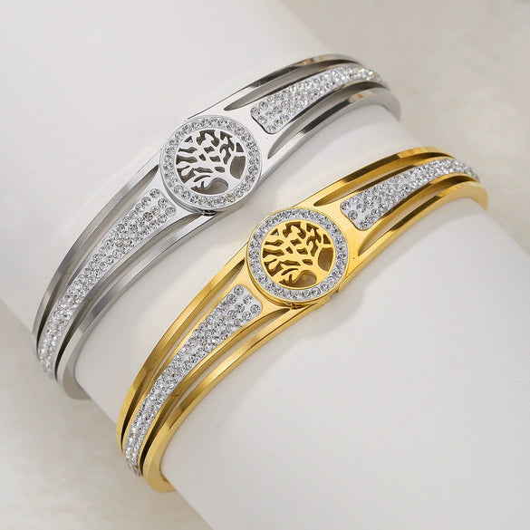 Wholesale Stainless Steel Hollow Inlaid Zircon Nonfading Geometric Electroplated Life Tree Unisex Bracelet