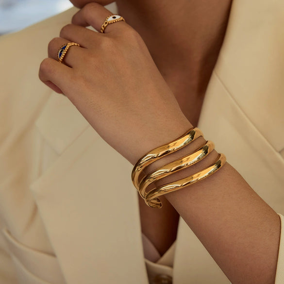 Wholesale Stainless Steel Hollow Multi Layer Open Plain Ring Bracelet For Women Geometric Style With Electroplating