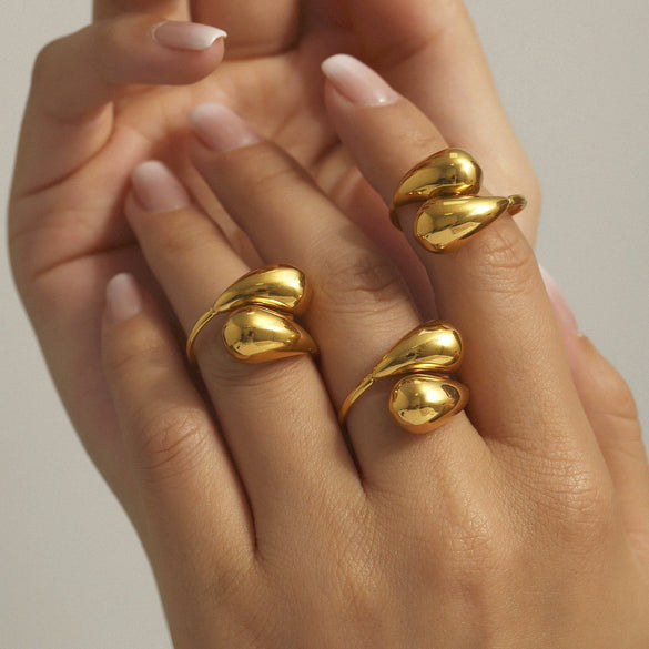 Wholesale Stainless Steel Hollow Open Comma Water Drop Tail Ring Plated With 18K Real Gold Electroplated Light Luxury Geometric Hand Jewelry For Women