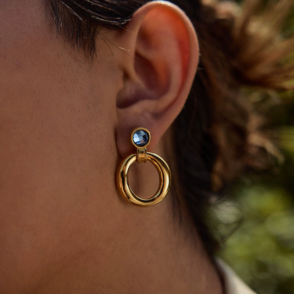 Wholesale Stainless Steel Hollow Ring Blue Zircon Door Handle Earrings Retro Geometric Style Electroplated For Women