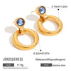 Wholesale Stainless Steel Hollow Ring Blue Zircon Door Handle Earrings Retro Geometric Style Electroplated For Women