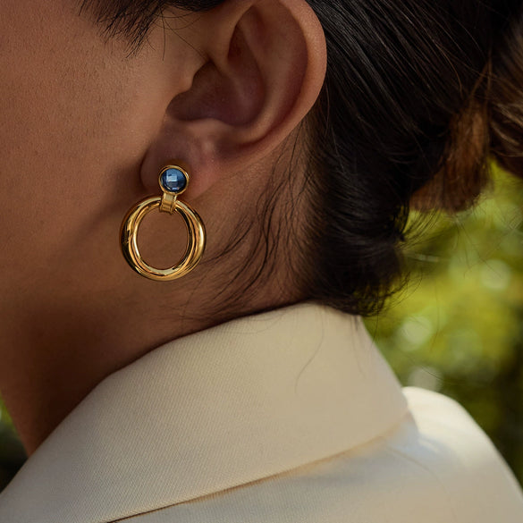 Wholesale Stainless Steel Hollow Ring Blue Zircon Door Handle Earrings Retro Geometric Style Electroplated For Women