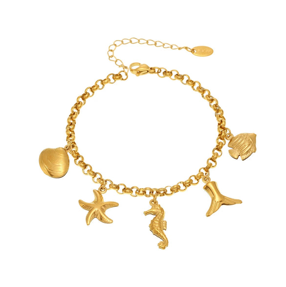 Wholesale Stainless Steel Hollow Seahorse Fishtail Marine Series Pendant Bracelet With 18K Real Gold Electroplating For Women Geometric Pattern