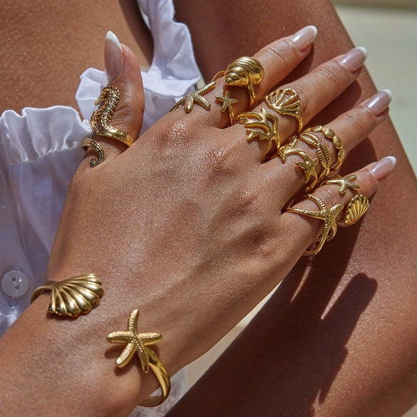 Wholesale Stainless Steel Hollow Starfish Open Ring Ocean Style Electroplated For Women