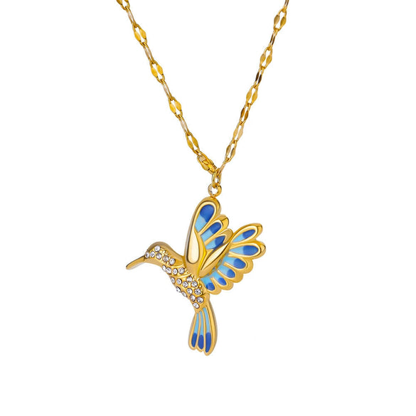 Wholesale Stainless Steel Hummingbird And Flower Pendant Jewelry With Inlaid Zircon Electroplated Necklace