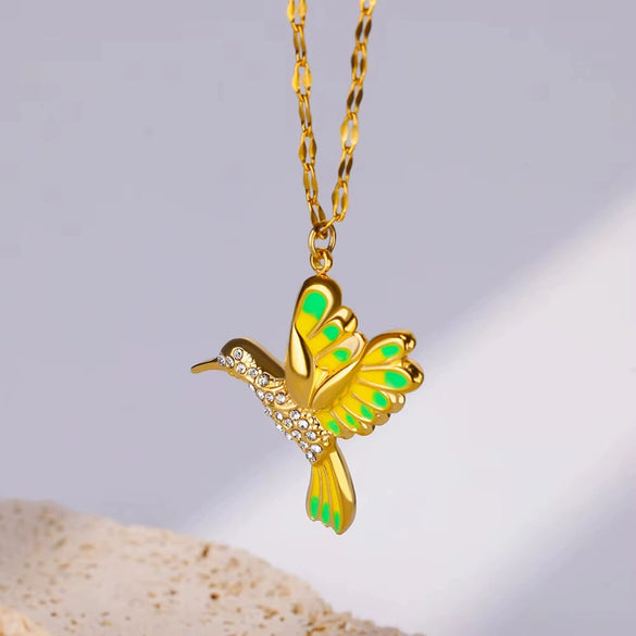 Wholesale Stainless Steel Hummingbird And Flower Pendant Jewelry With Inlaid Zircon Electroplated Necklace