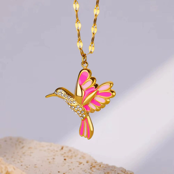Wholesale Stainless Steel Hummingbird And Flower Pendant Jewelry With Inlaid Zircon Electroplated Necklace
