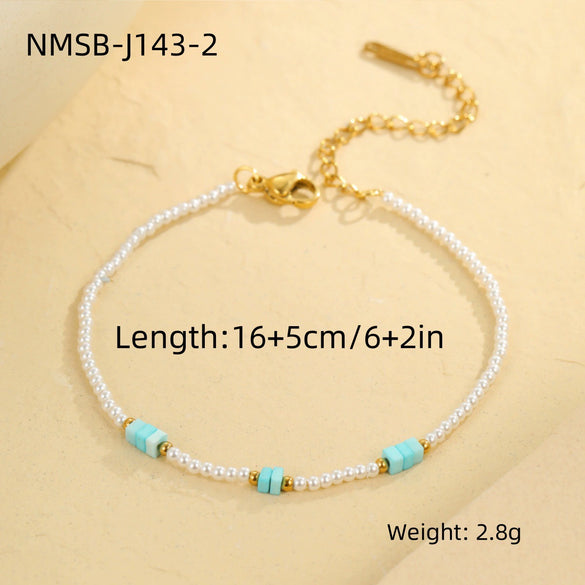Wholesale Stainless Steel Imitation Pearl Dopamine Beaded Geometric Style Necklace Bracelet Electroplated