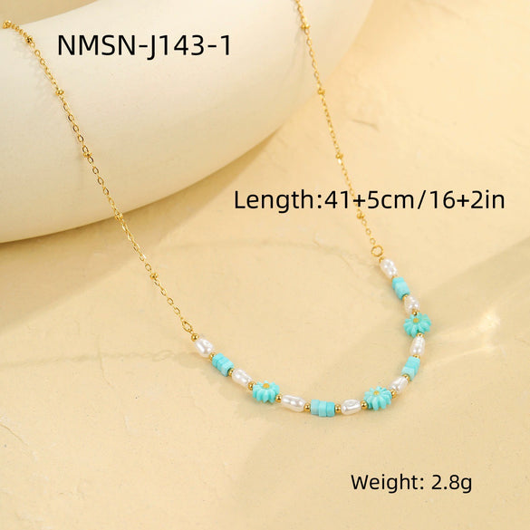 Wholesale Stainless Steel Imitation Pearl Dopamine Beaded Geometric Style Necklace Bracelet Electroplated