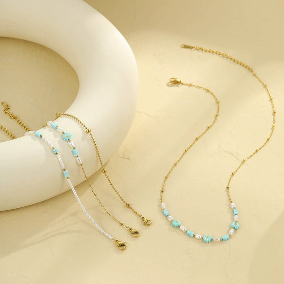 Wholesale Stainless Steel Imitation Pearl Dopamine Beaded Geometric Style Necklace Bracelet Electroplated