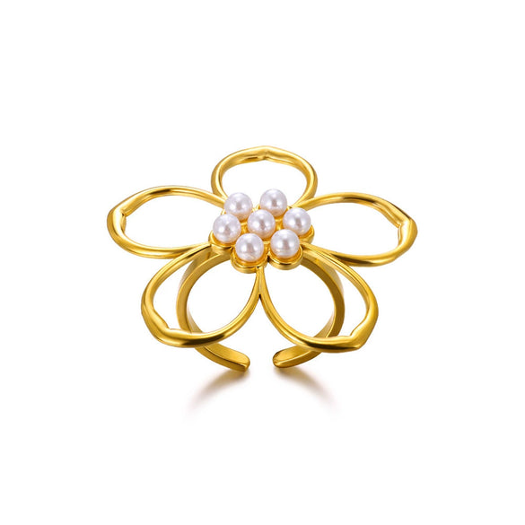 Wholesale Stainless Steel Imitation Pearl Flower Geometric Leaf Open Ring Jewelry Electroplated For Women