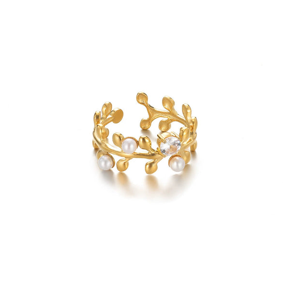 Wholesale Stainless Steel Imitation Pearl Zircon Leaf Ring For Men And Women