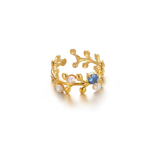 Wholesale Stainless Steel Imitation Pearl Zircon Leaf Ring For Men And Women