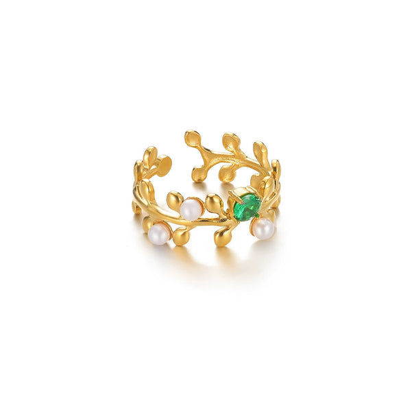 Wholesale Stainless Steel Imitation Pearl Zircon Leaf Ring For Men And Women
