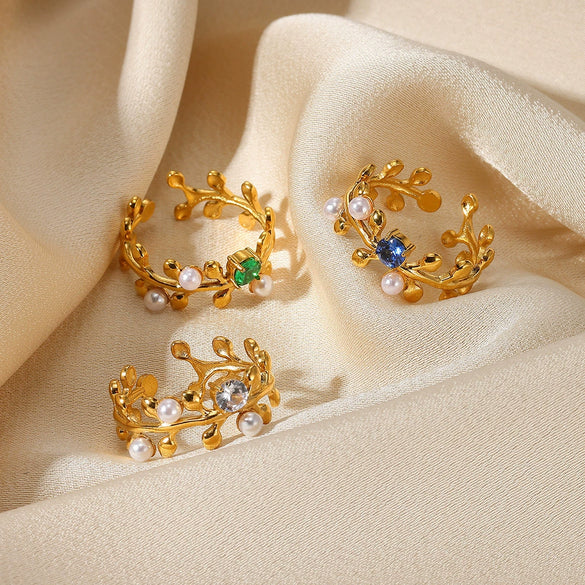 Wholesale Stainless Steel Imitation Pearl Zircon Leaf Ring For Men And Women