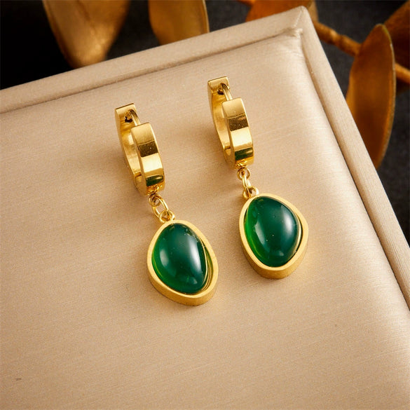 Wholesale Stainless Steel Inlaid Emerald Oval Geometric Pendant Earrings For Women Electroplated Retro Fashion Style