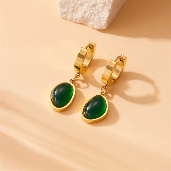 Wholesale Stainless Steel Inlaid Emerald Oval Geometric Pendant Earrings For Women Electroplated Retro Fashion Style