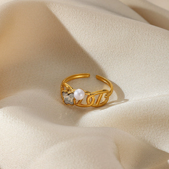 Wholesale Stainless Steel Inlaid Imitation Pearl Geometric Ring Electroplated Jewelry