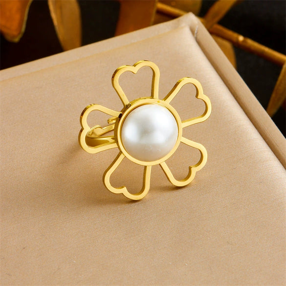 Wholesale Stainless Steel Inlaid Pearl Hollow Flower Electroplated Women's Bracelet Ring