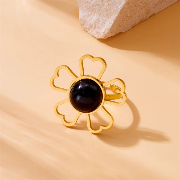 Wholesale Stainless Steel Inlaid Pearl Hollow Flower Electroplated Women's Bracelet Ring