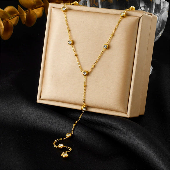 Wholesale Stainless Steel Inlaid Rhinestones Round Diamond Yshown Collarbone Necklace With Electroplating For Women